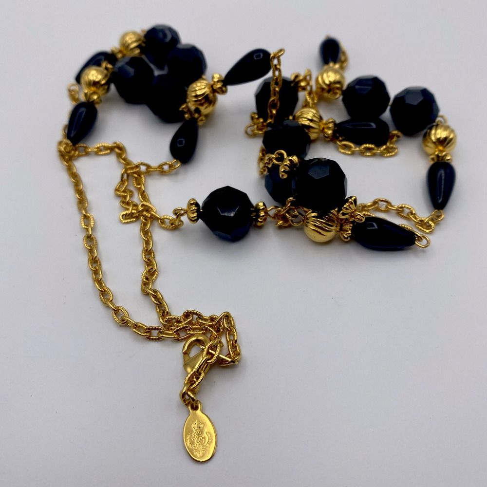 Premier Designs Single Strand Long Beaded Black & Gold-Tone Retro Necklace Sz 36